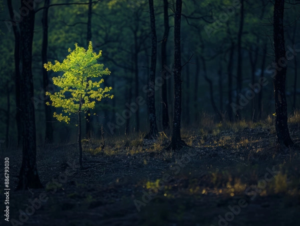 Fototapeta A minimalist black silhouette of a forest with one tree colored green, highlighting deforestation and the need for conservation