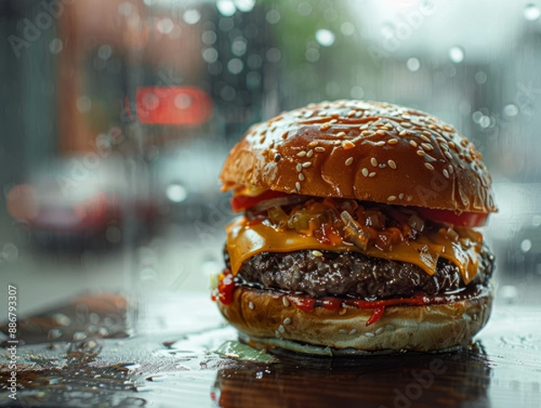 Fototapeta Food photography of an unhealthy burger with greasy and tempting ingredients.