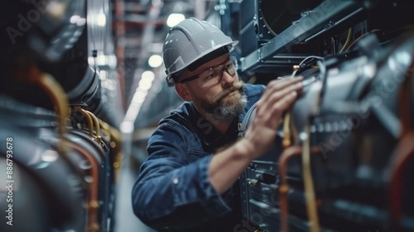 Obraz A man in a blue jacket is working on a piece of equipment