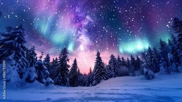 Obraz The image has been generated For naming it, you can use the sentence: Winter forest at night with snow and Christmas trees