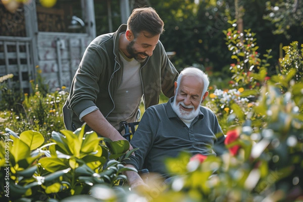 Fototapeta Young man helping elderly man in garden. Intergenerational bonding and outdoor activity. Shared experiences of different ages.