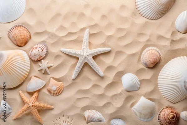 Fototapeta Sandy beach surface with imprints of exotic seashells and starfish as a natural textured background.