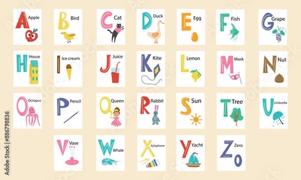 Obraz English alphabet with pictures for each letter. Vector illustration.