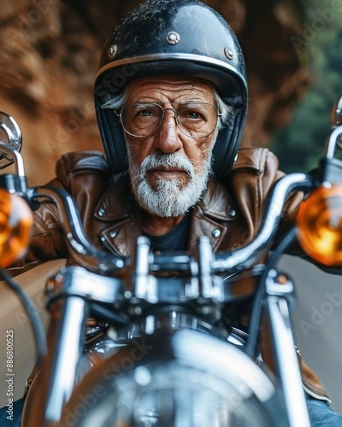 Fototapeta Middle aged man in leather jacket and glasses on motorcycle, enhancing search relevance