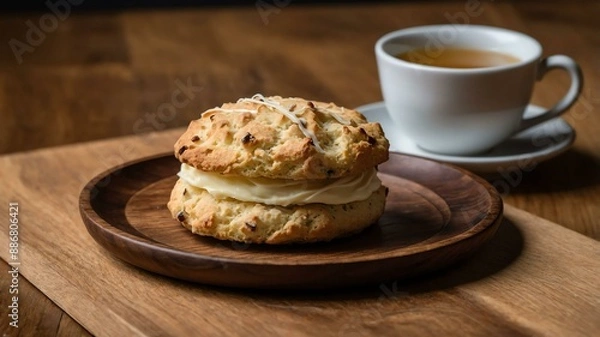 Fototapeta petite vanilla bean scone served aesthetically in a wooden plate and table