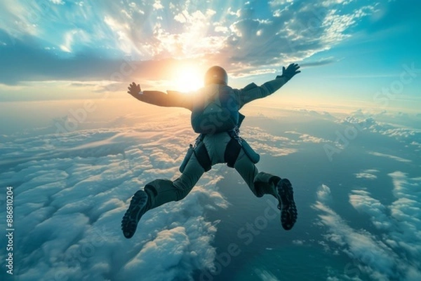 Fototapeta In the beautiful bright blue sky, among the clouds, human is  flying who jumped out of an airplane. Their parachutes are not deployed.