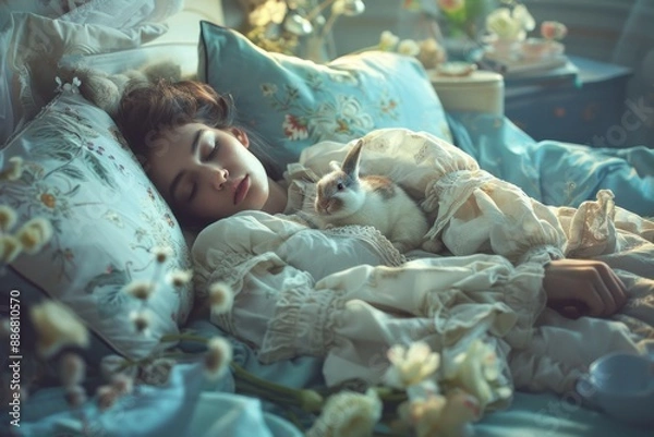 Fototapeta On the bed, on the blue bedding, a beautiful Caucasian woman is sleeping with a white rabbit.
