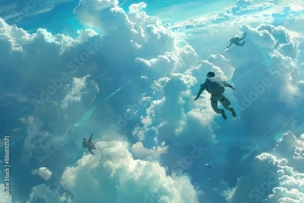 Fototapeta In the beautiful bright blue sky, among the clouds, people are flying who jumped out of an airplane. Their parachutes are not deployed.
