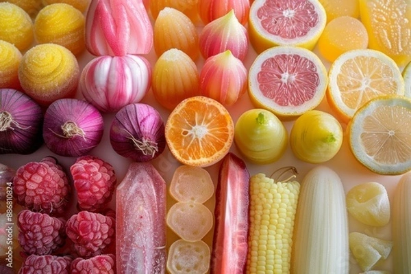 Fototapeta Layout, top view: juicy, beautiful, delicious fruits and vegetables in soft yellow and pink hues.