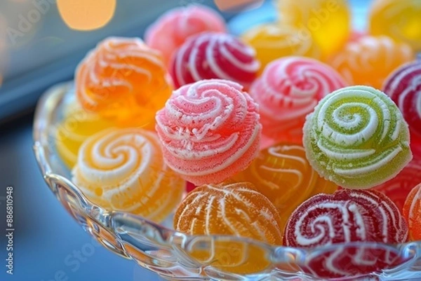 Fototapeta In a crystal dish, there are appetizing, bright, sweet, translucent jelly candies with a swirl.