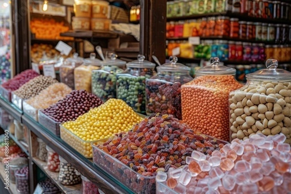 Fototapeta On the counter in clear containers and jars, sweets and nuts are piled up. Tasty, appetizing, and colorful.