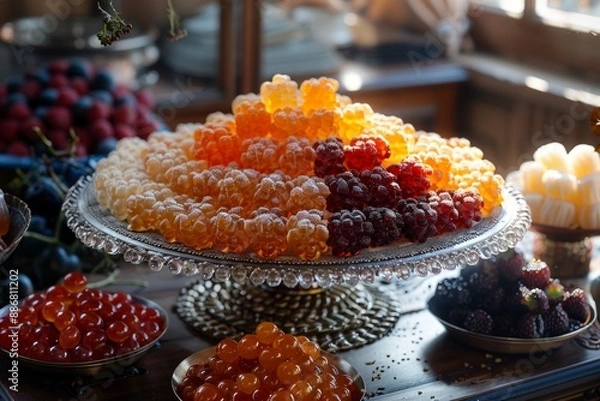 Fototapeta In a small shop, on the table in crystal dishes, there are appetizing jelly berries in orange, red, yellow, and white colors.