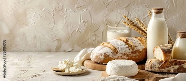 Fototapeta Dairy products and bread displayed on a light backdrop with copy space image.