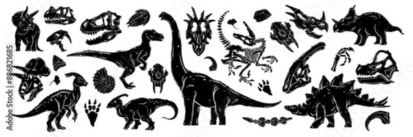 Fototapeta Linocut dinosaur set, dino fossil print collection, skeleton vector silhouette, prehistoric monster. Diplodocus outline print, woodcut engraving Jurassic reptile sticker, skull. Linocut dinosaur stamp