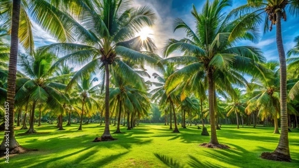 Fototapeta Sunlight Through Palm Trees in a Lush Tropical Grove, Palm Trees, Tropical Paradise, Coconut Grove, Nature