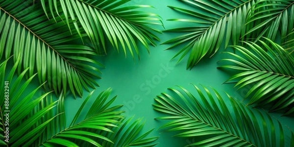 Fototapeta Tropical Palm Leaves on Green Background, Flat Lay, Top View, Summer, Nature , palm, leaves