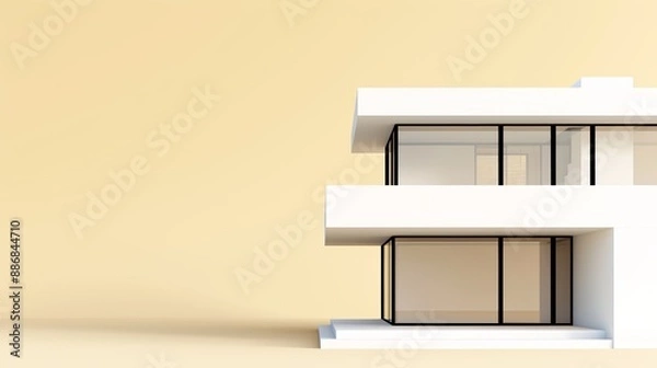 Fototapeta A futuristic house design with detailed blueprints, set against a soft pastel yellow background, flat design illustration, high-resolution photo, realistic photo, cinematography