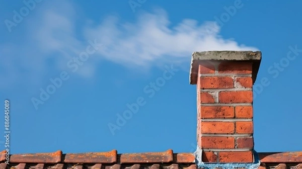 Fototapeta  Smoke rising from chimney atop red brick edifice, contrasting against a blueback sky dotted with wispy cloud