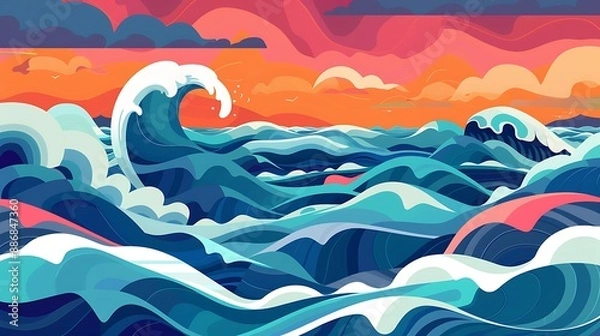 Obraz Flat design of stormy sea waves, simple shapes, vibrant colors