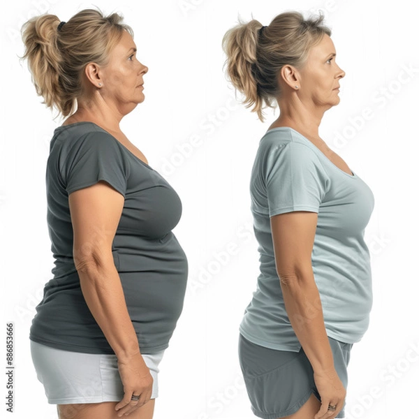 Obraz Before and after success weight loss transformation, caucasian middle age woman