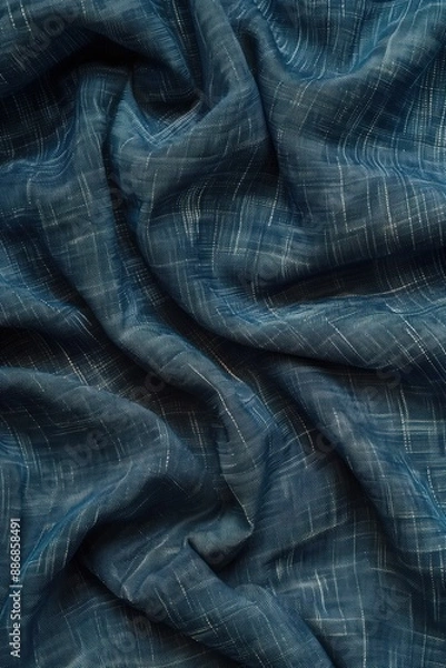 Obraz Blue and white striped fabric texture with diagonal pattern. Close-up view of folded cloth revealing intricate design. Smooth surface, blurred background highlights fabric details.
