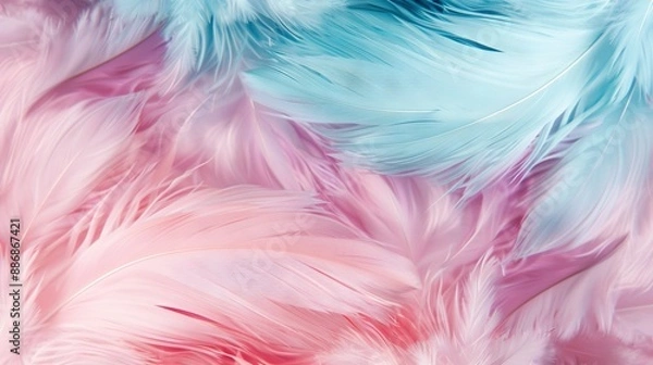 Fototapeta   A detailed view of a pink and blue feather design on a cell phone cover, surrounded by a slightly blurred background