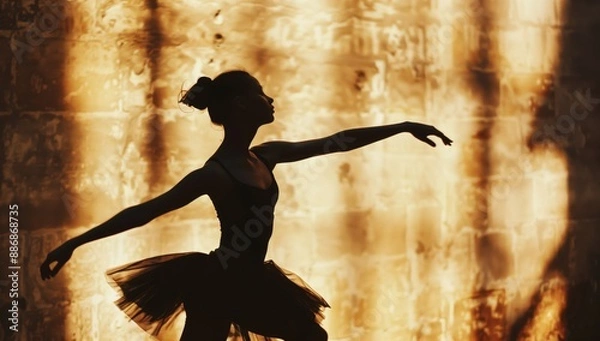 Fototapeta A ballerina gracefully performs a dance move in a shadowy setting, highlighting her elegant pose and the ethereal atmosphere created by the lighting.