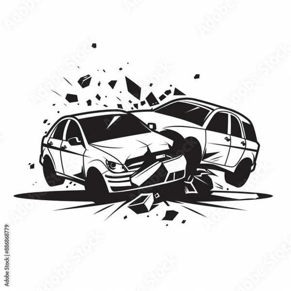 Fototapeta A cartoon style illustration showcasing two cars in a crashing scene with debris flying around, depicted in a dynamic and exaggerated manner, conveying the shock and impact of the collision.