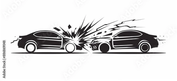 Fototapeta A black and white illustration depicting two cars colliding head-on with an explosive impact, artistically rendered with sharp lines and dynamic energy, showing the moment of crash.
