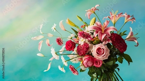 Fototapeta A beautiful bouquet of fresh flowers on a turquoise pastel background