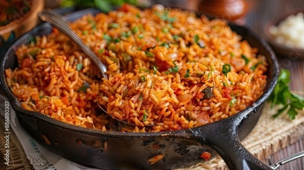 Fototapeta Spoon of Jollof rice in a cast iron skillet homemade party nigerian jollof rice in a skillet overhead view of authentic homemade west african jollof rice
