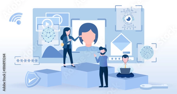 Obraz Safety and security technology concept. Protect personal detail and access account by enter password, fingerprint scanning, face ID, sensitive data from cyber attack and other form of online threat.
