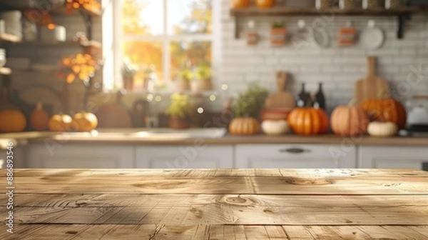 Fototapeta warm and inviting autumn kitchen scene with a wood table and copy space, featuring pumpkin decorations and a cozy atmosphere