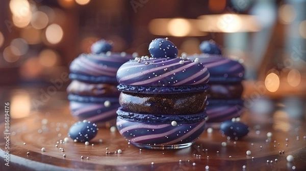 Obraz Galaxy macarons in a glass jar, with visible swirls of navy, purple, and black, adorned with silver specks. Set against a soft-focus background of a kitchen, with warm,