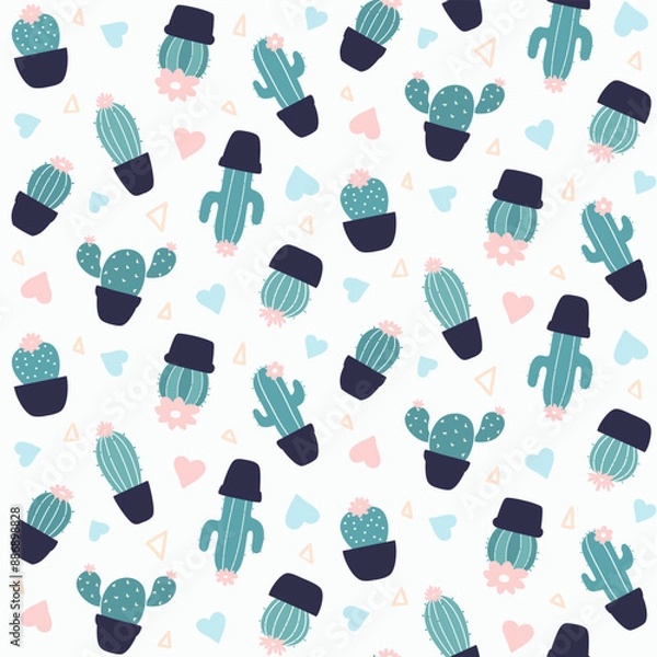 Fototapeta Pink and blue pattern with cactus vector pattern
