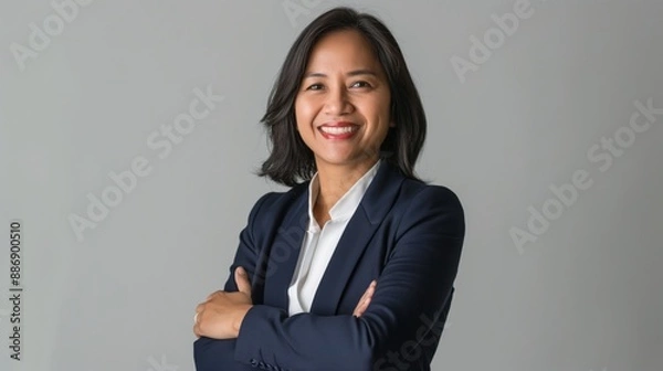 Fototapeta Confident MiddleAged Filipino Businesswoman Standing with Arms Crossed, Professional Portrait for Business and Career Use