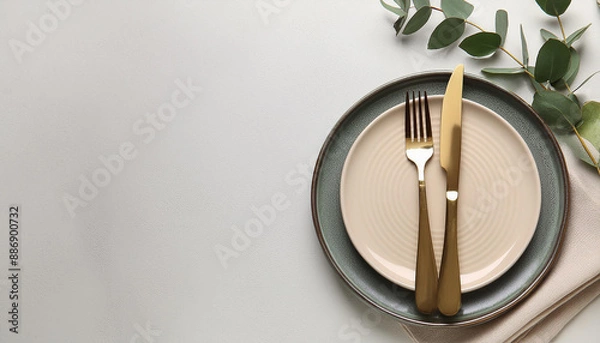 Fototapeta Stylish setting with cutlery, napkin, eucalyptus branch and plates on light table, top view