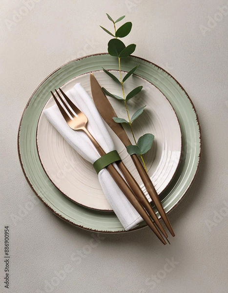Fototapeta Stylish setting with cutlery, napkin, eucalyptus branch and plates on light table, top view