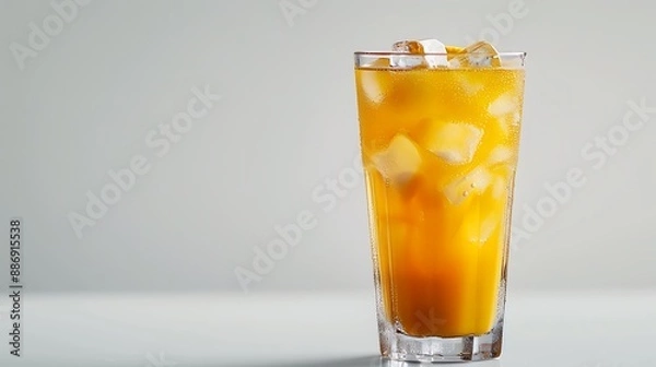 Obraz Refreshing Orange Juice with Ice in Tall Glass on Light Background