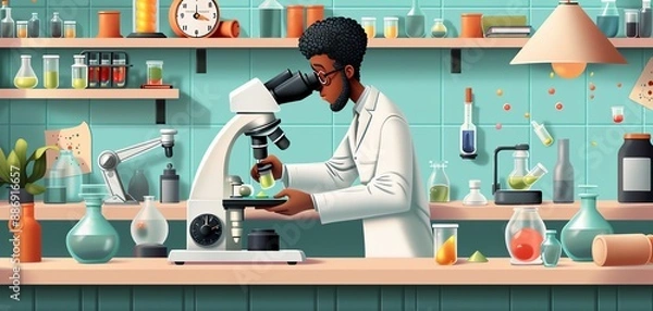 Fototapeta Scientist examining a sample under a microscope in a laboratory.