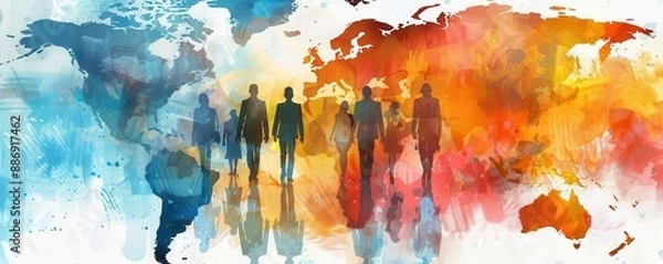 Obraz Abstract watercolor world map with silhouettes of people walking.