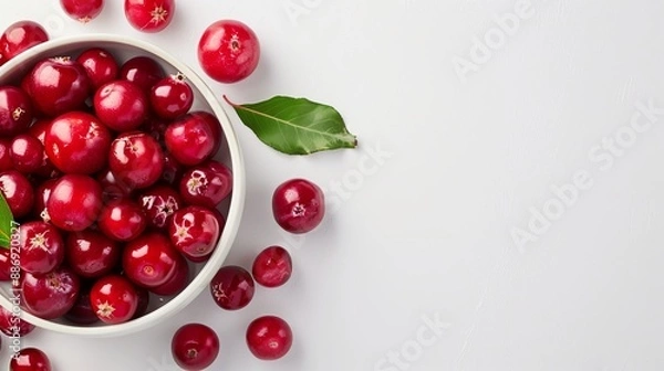 Fototapeta  A white bowl overflowing with cherries rests atop a green leaf on a pristine white countertop