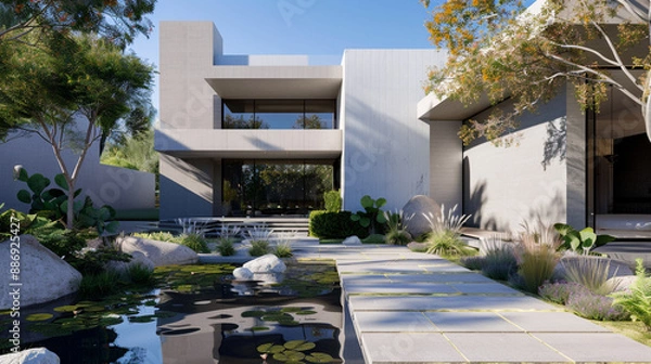 Fototapeta Modern villa with a sleek facade and a tranquil water feature.