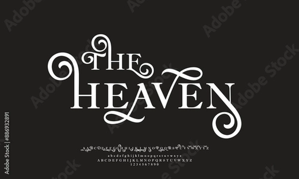 Fototapeta THE HEAVEN is Elegant Uppercase Letters and Small Numbers. Classic Letter Minimal Fashion Design. Modern serif font typography regular decorative vintage concept. vector illustration.Headline font