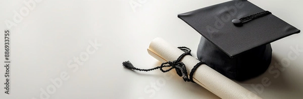 Obraz "Education concept banner with a black graduation cap and white diploma on a white background, ideal for academic themes."