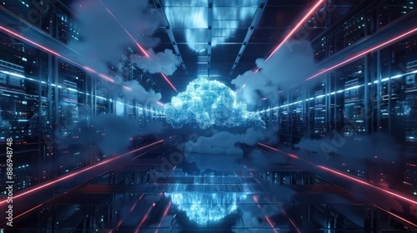 Fototapeta A Digital Ecosystem: Glowing Information Flows Through a 3D Cloud Server Network, Generative AI