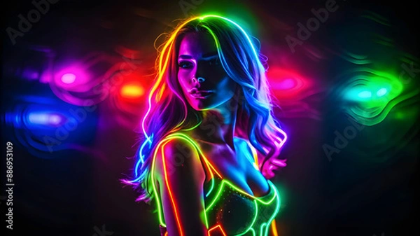 Obraz A Lady with outlines of glowing Neon Lights