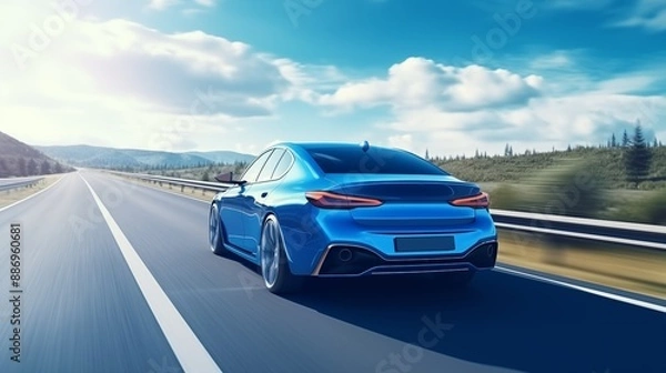 Fototapeta Rear view of blue Business car on high speed in turn. Blue car rushing along a high-speed highway.