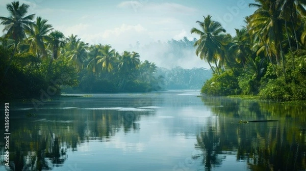 Obraz Serene River Landscape in Tropical Rainforest