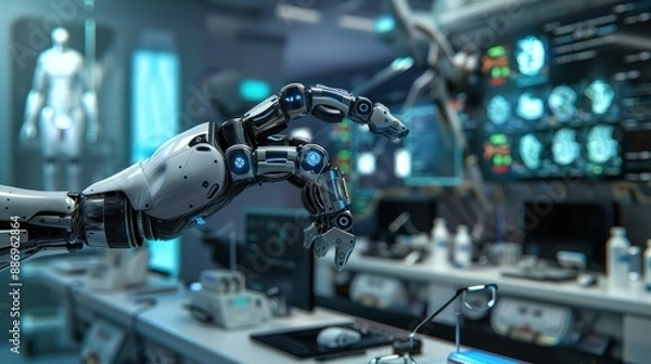 Fototapeta future robotic arms performing automated medical health care operation for future precision surgical robot and remote control hospital equipment as wide banner design.